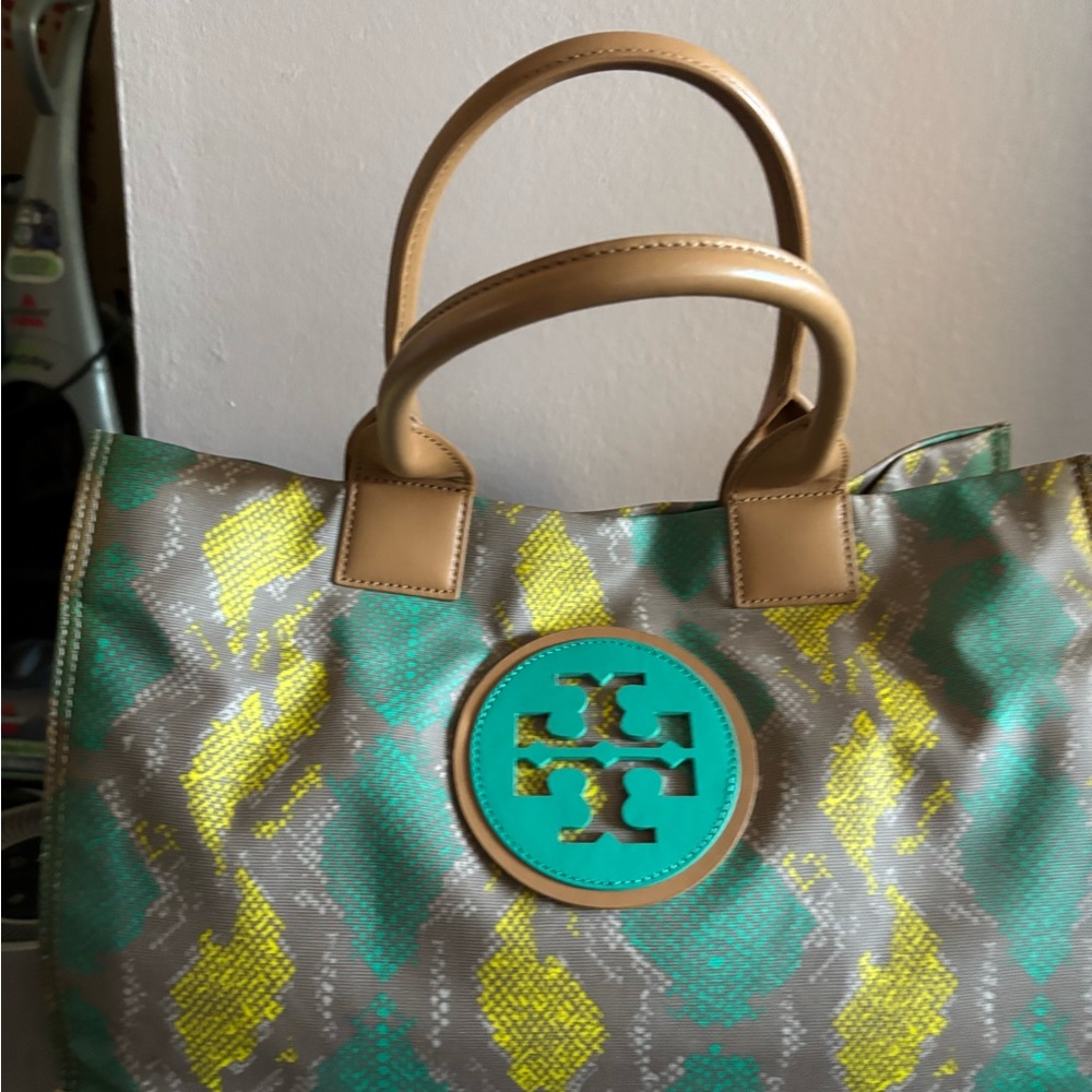 Tory Burch Teal and Yellow Patterned Tote